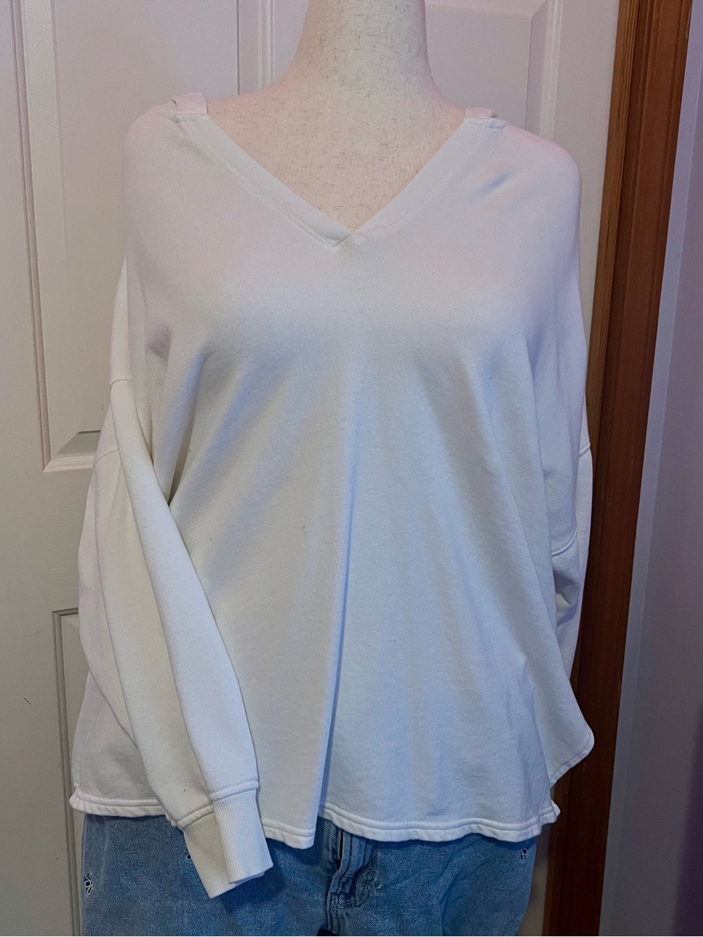 Relaxed V-Neck White Hoodie